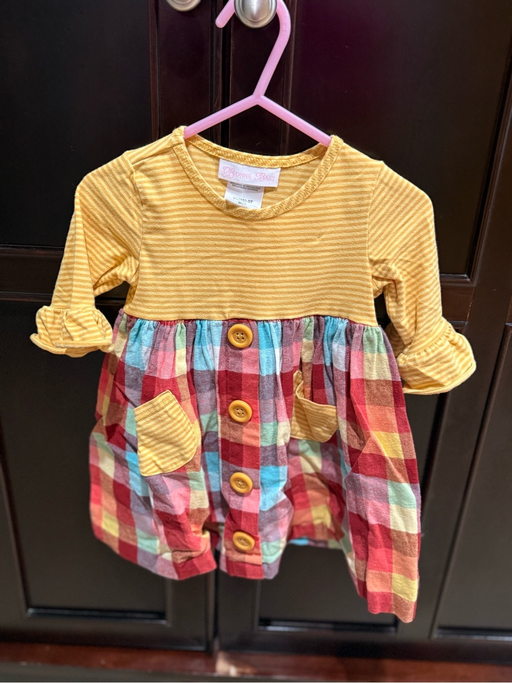 Bonnie Baby Yellow Long-Sleeve Top with Multicolor Plaid Skirt Dress